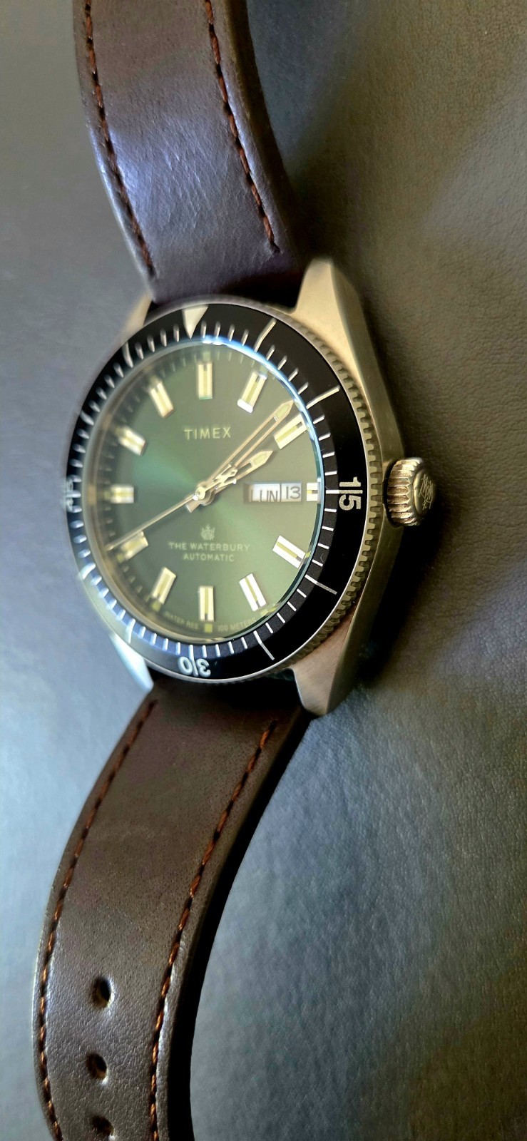 Timex Waterbury Automatic 40mm Green Dial Brown Leather Strap TW2V24700