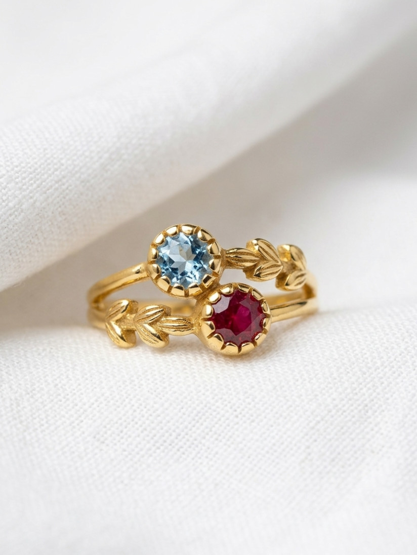 Elegant Brass Floral Ring Garnet And BT Silver Color Design Handmade For Her.