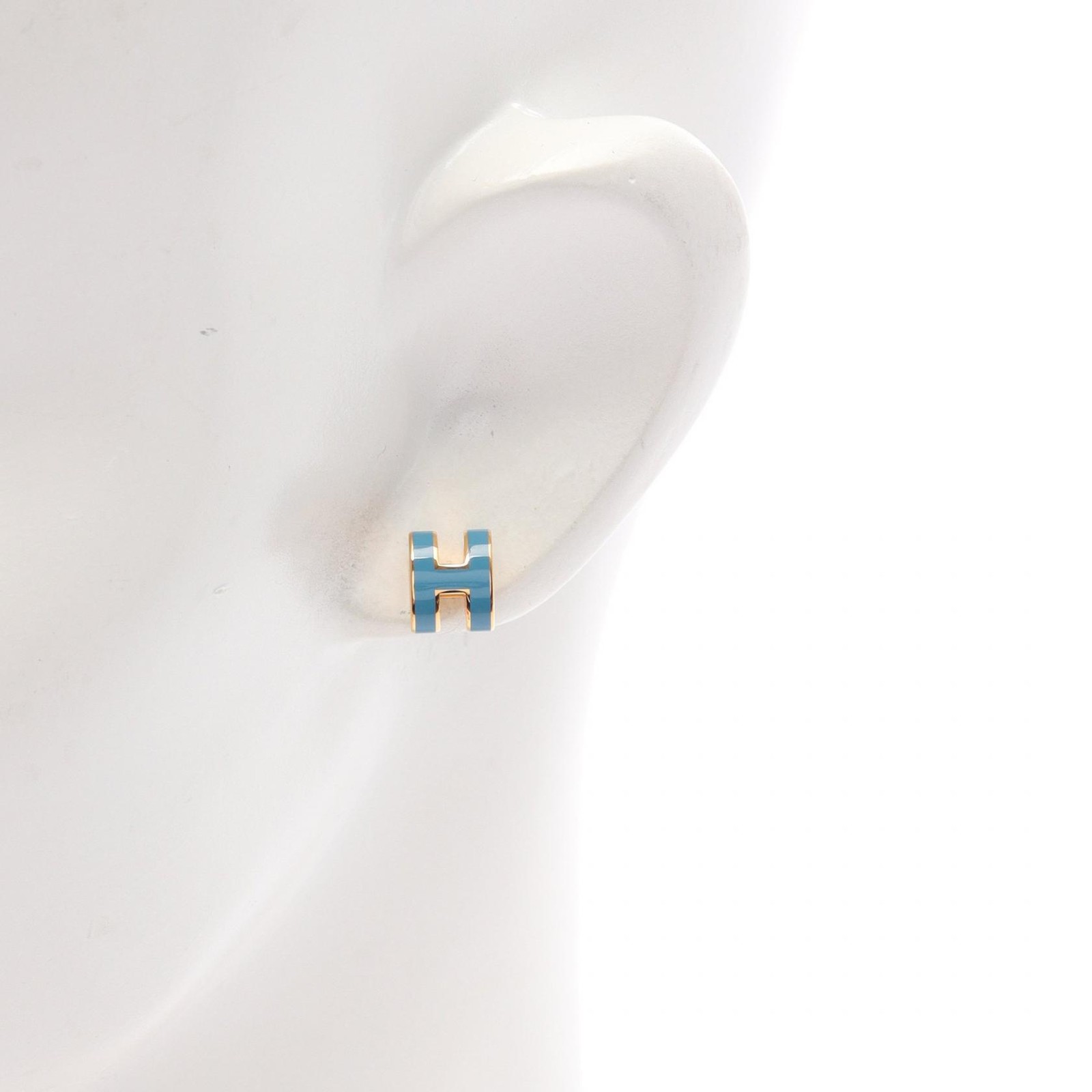 HERMES Mini pop H Pierced earrings Gold Plated Blue jean Used women