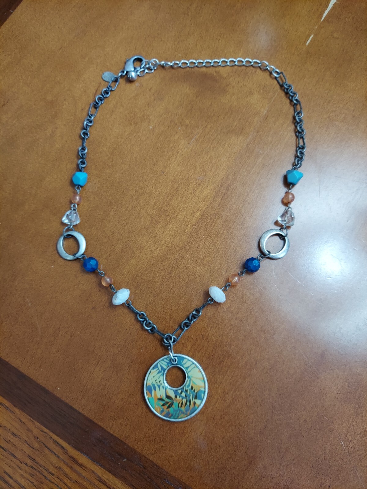 Chico’s Necklace Blue, White, Peach and Clear Beads With Colorful Round Pendant