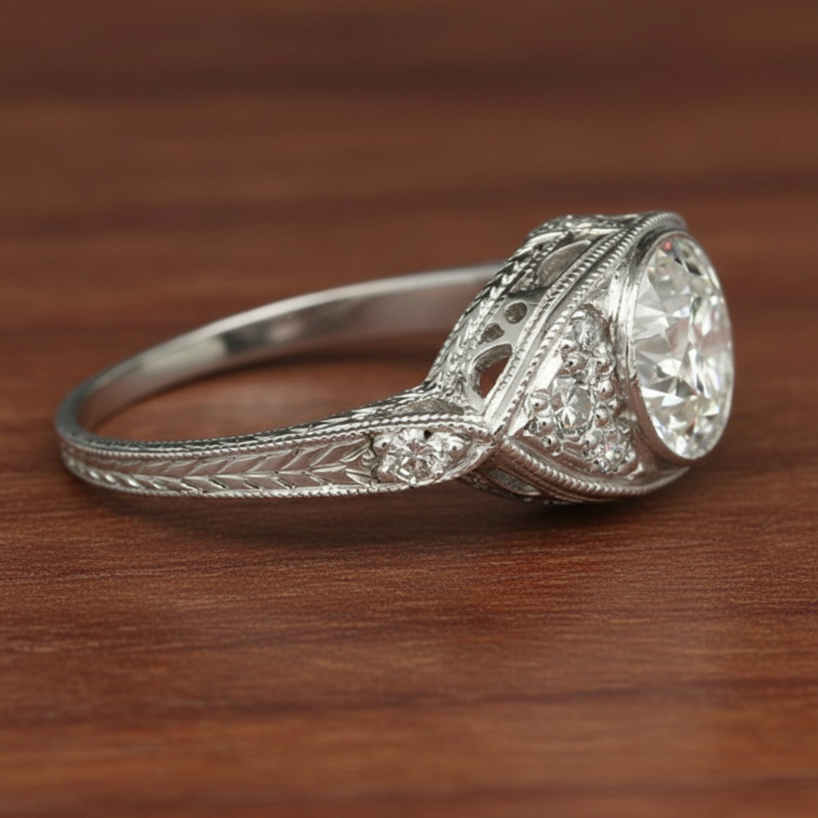 14K White Gold Vintage Style Old European Cut Simulated Diamond Engagement Ring