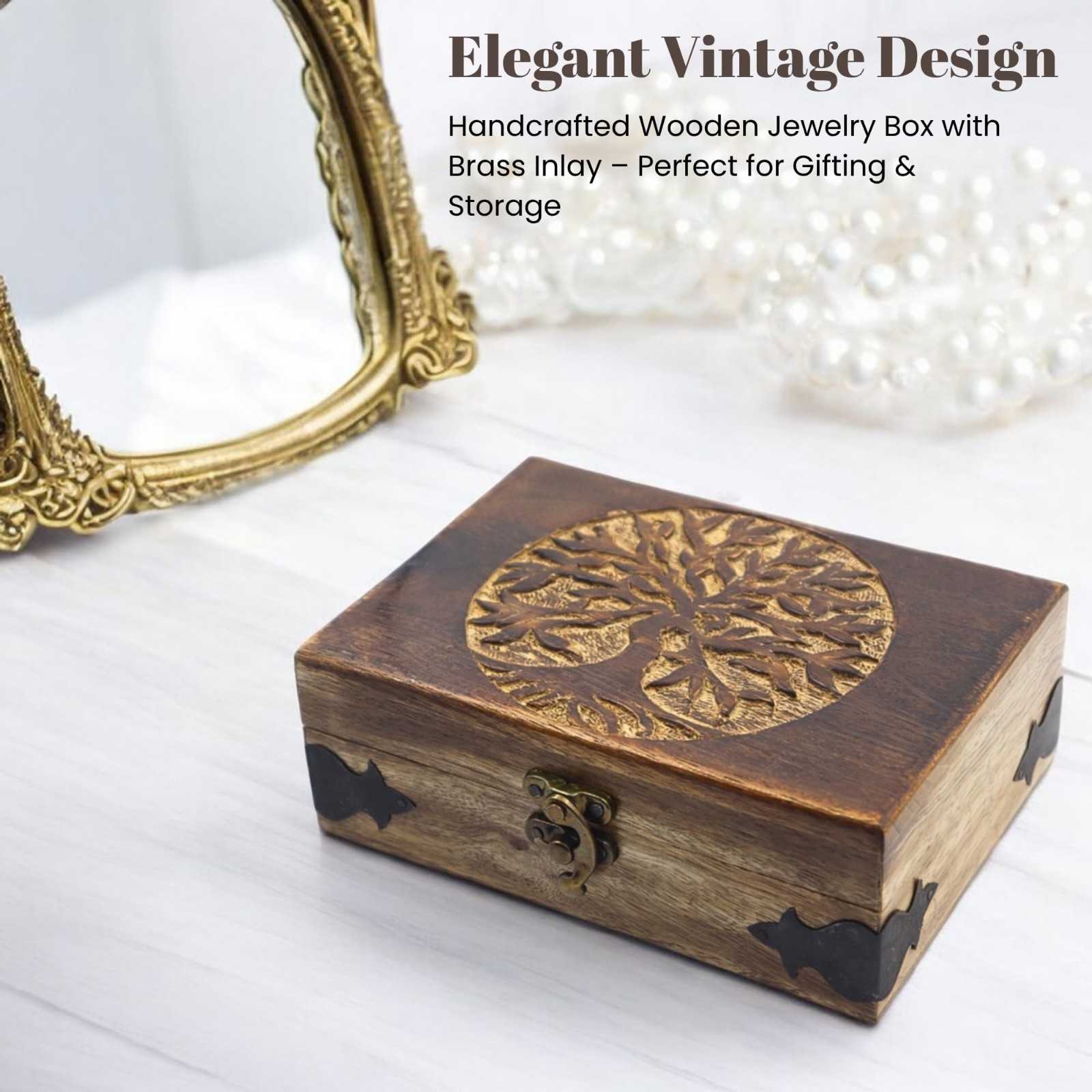 Handmade Wooden Jewelry Box – Tree of Life Engraving, Antique Keepsake Organizer