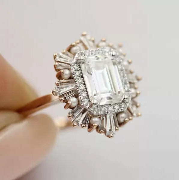 Starburst Halo Emerald Cut Moissanite Ring in 14K Gold Ring, Engagement Ring