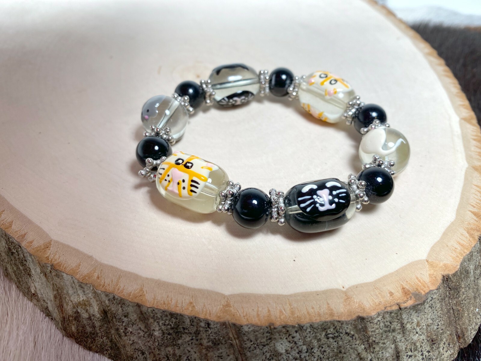 Cat Bracelets Cat Mom Cat Lady Glass Beaded Stretch Bracelet Black and White
