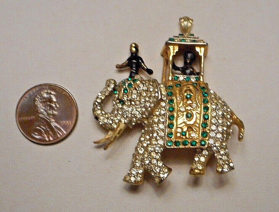 Vintage Boucher? Diamante & Emerald Rhinestone Pave Elephant w Howdah & Figures