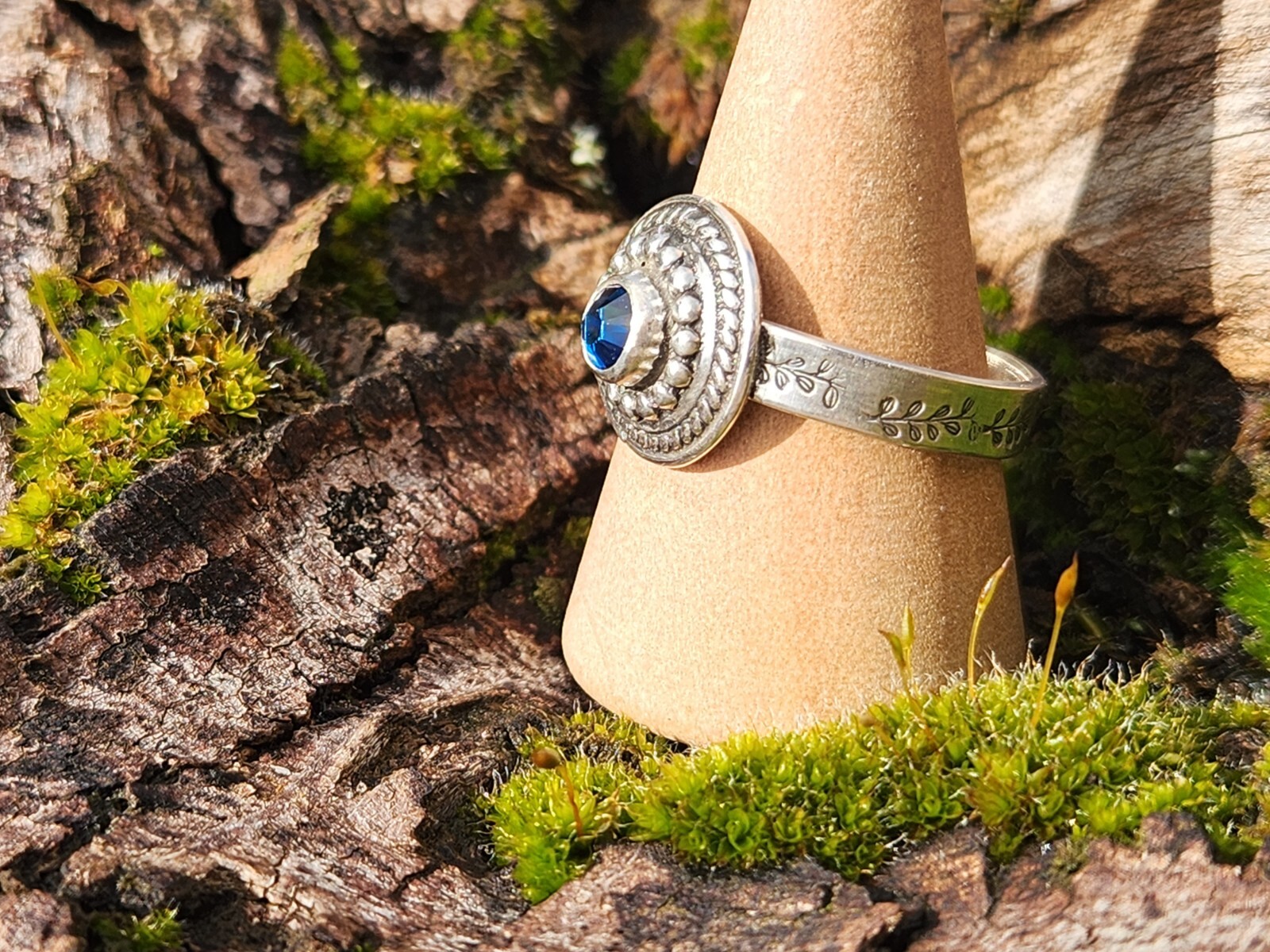 Handmade Sterling Silver Blue Swarovski Crystal Ring, Size 9.5, Leaf Leaves Band