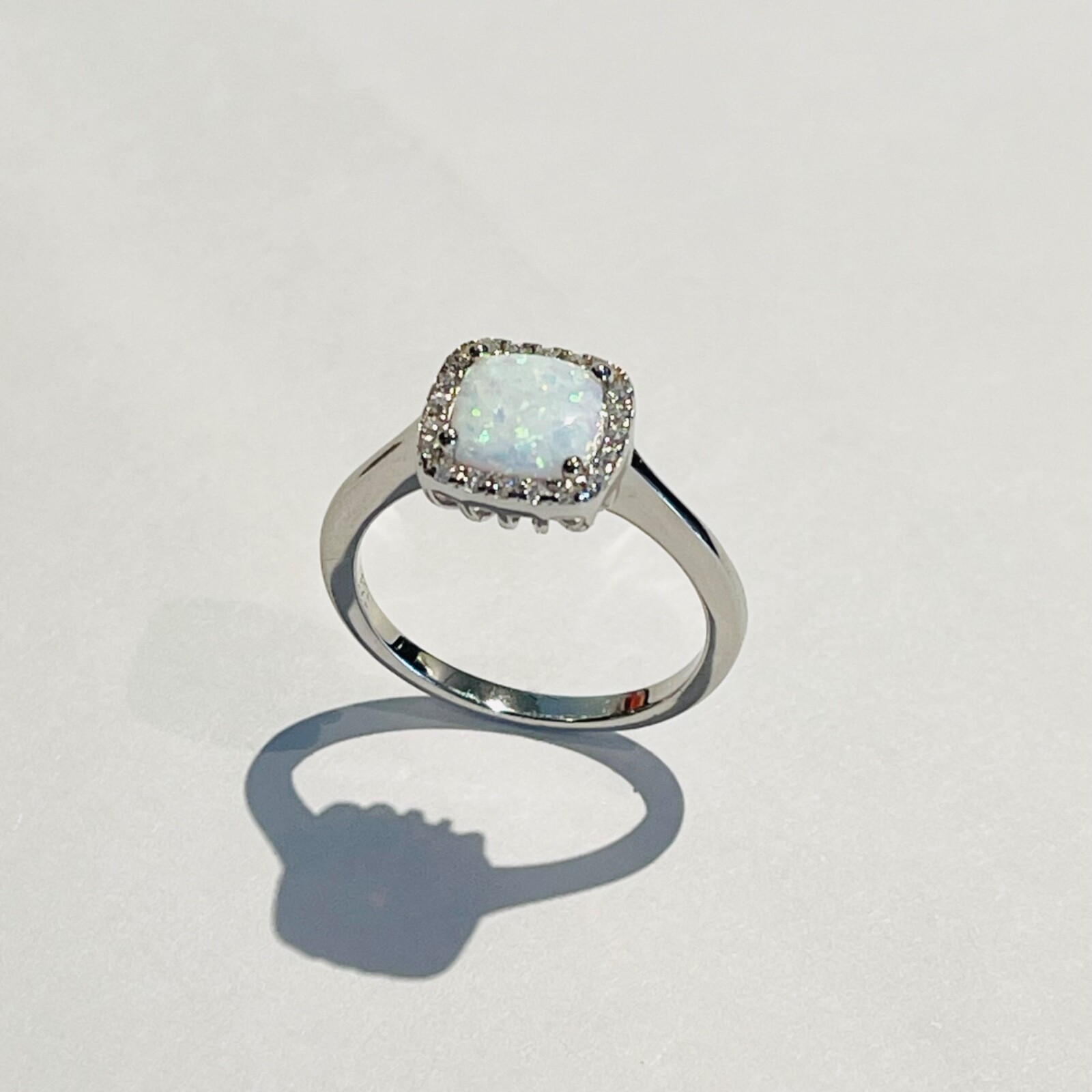 Sterling Silver Square White Lab Opal Ring, Silver Rings, CZ Ring, Wedding Ring