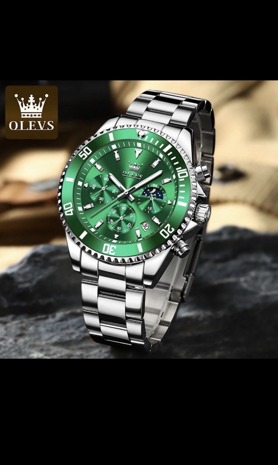 OLEVS Men Luxury Watch Waterproof Diver Quartz Chronograph MoonStainless Steel