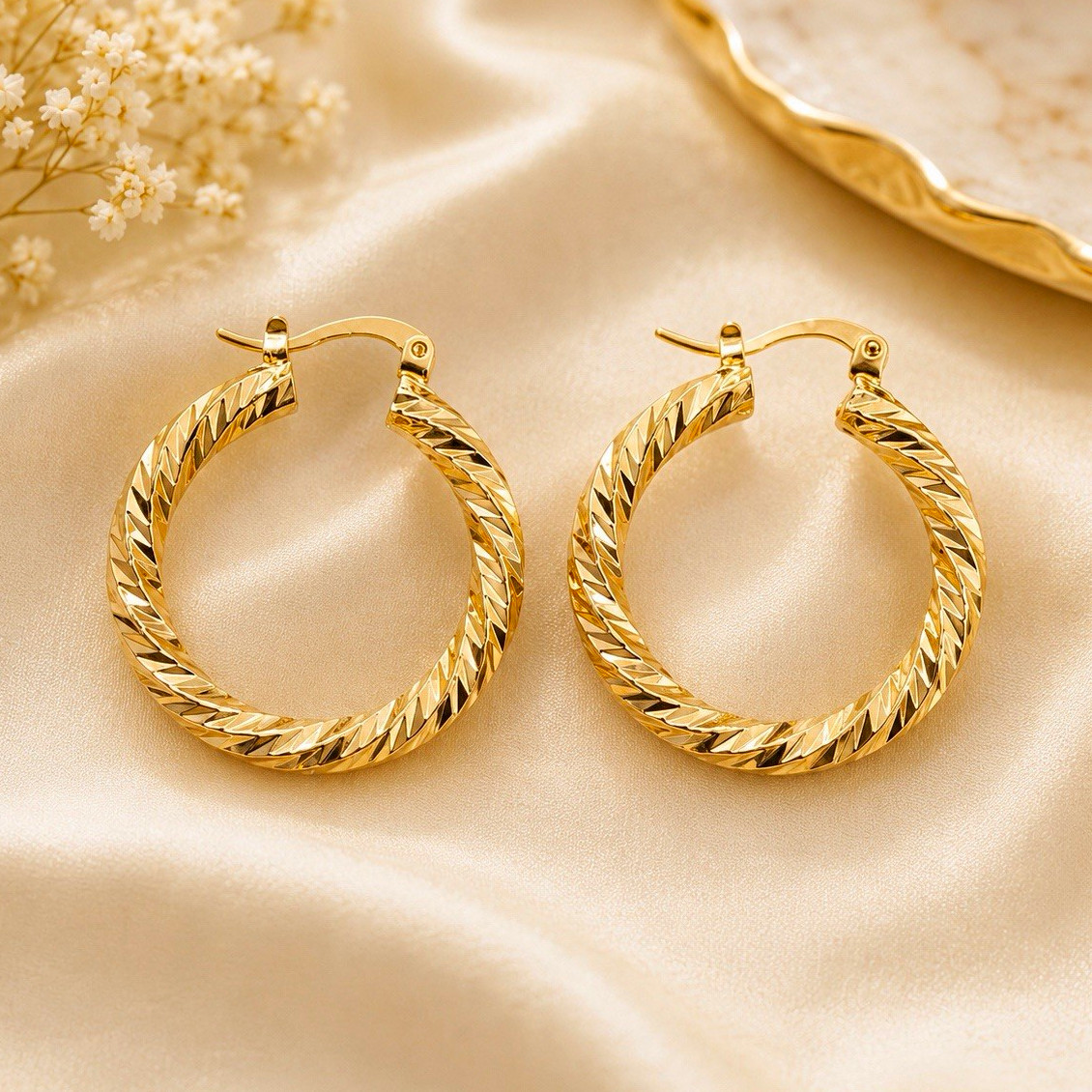 18K Gold Filled Twisted Round Hoop Earrings Metal No Stone Fashion Latch Back