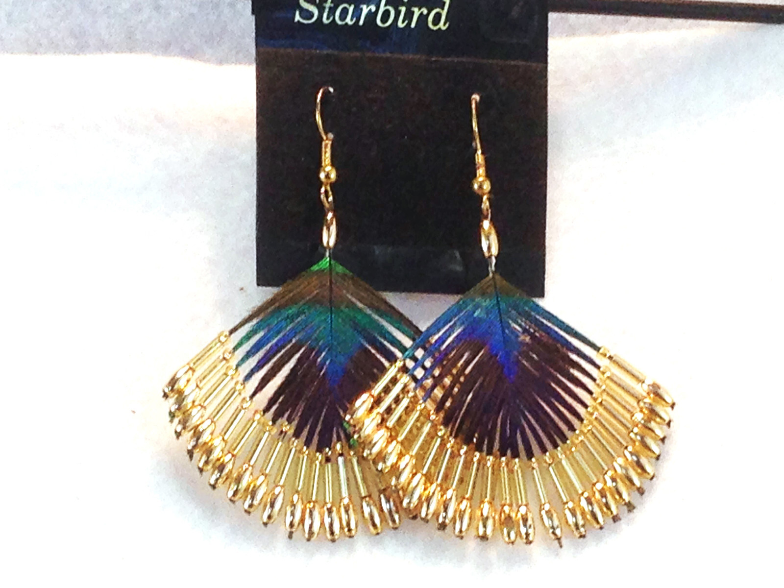 PEACOCK FEATHER GOLD OR SILVER BEADED EARRINGS 80’s VINTAGE
