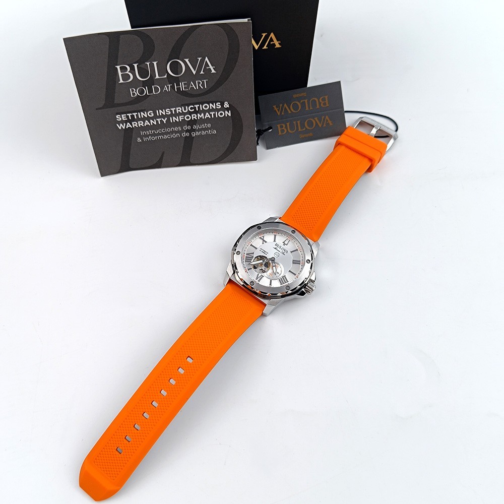Bulova Marine Star 98A226 Silver Dial Orange Rubber Strap Automatic Men’s Watch