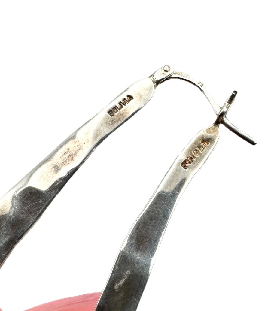 Designer Finola Huges Bolivia Sterling Silver Hammered Modernist Hoop Earrings