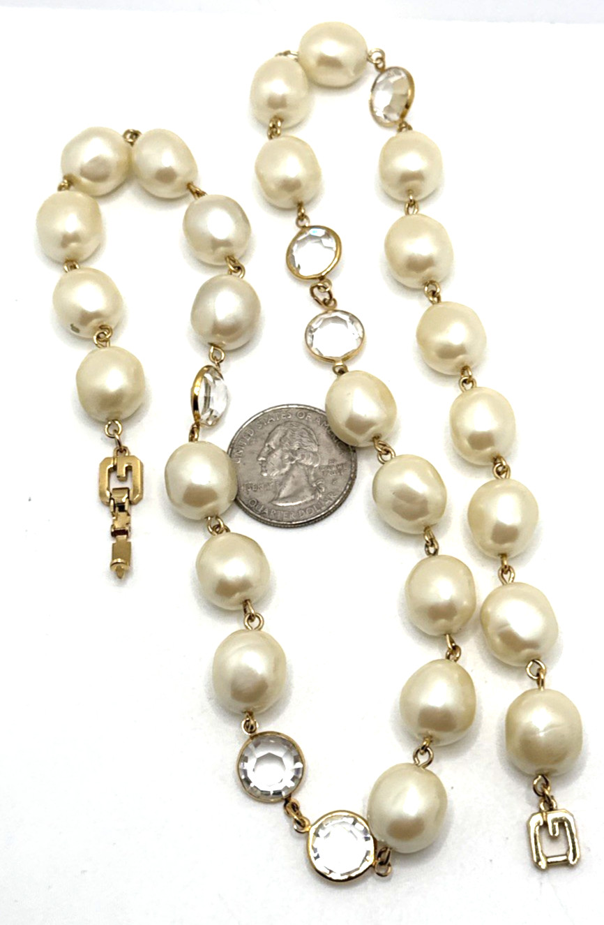 Vintage 80s GIVENCHY Bijoux Faux Baroque Pearl Clear Crystal Bezel Necklace 24″