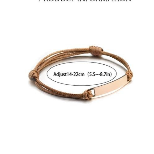 Personalized Engraved Bar Bracelet Adjustable Wax Cord Stainless Steel Unisex