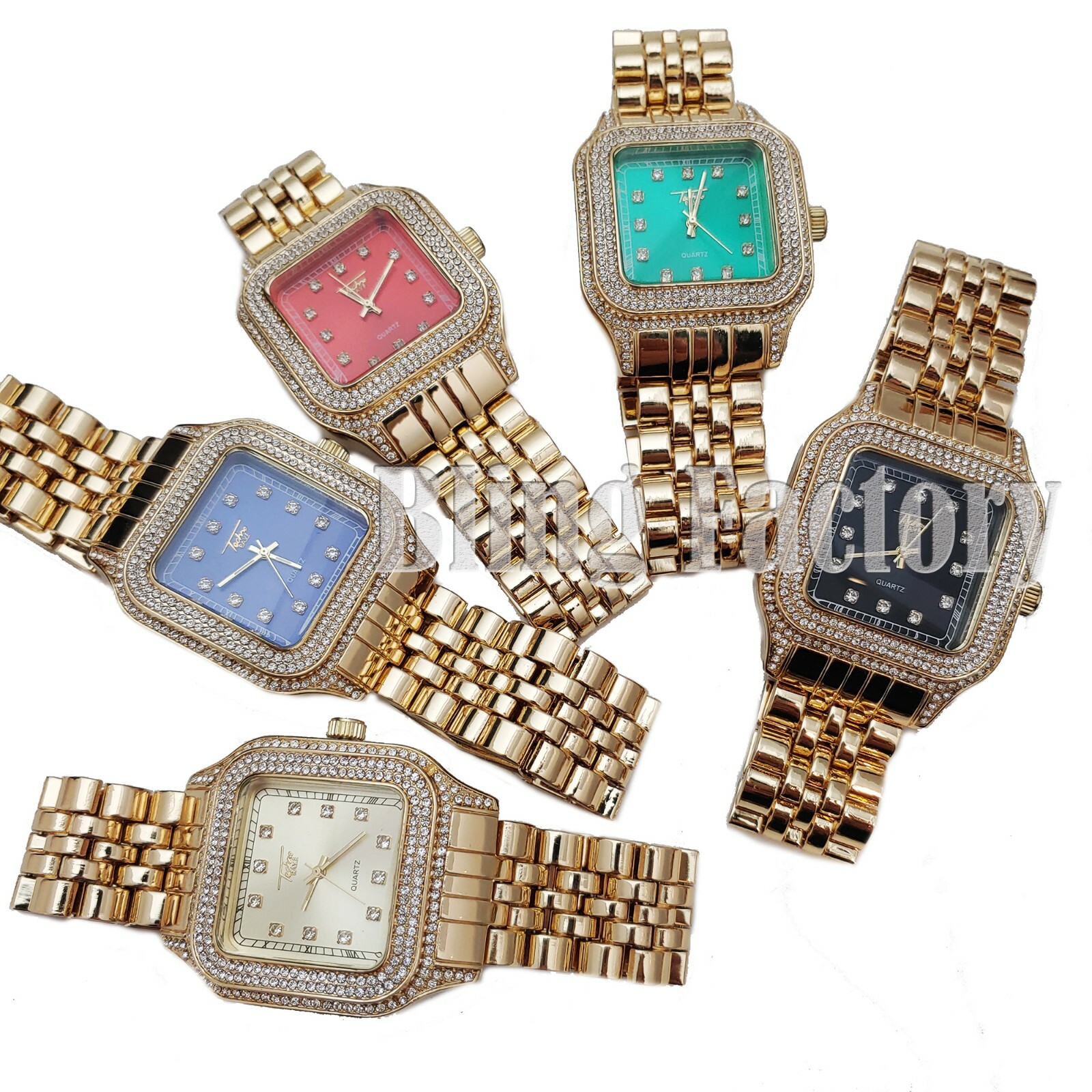 Luxury Hip Hop Iced Lab Diamond Colorful Face Metal Wrist Bling Square Watch