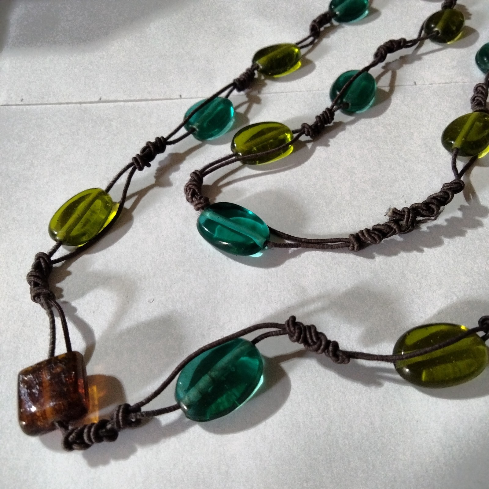 Vintage Glass Bead Station Necklace on Brown Cord Green Blue Boho 34 in.