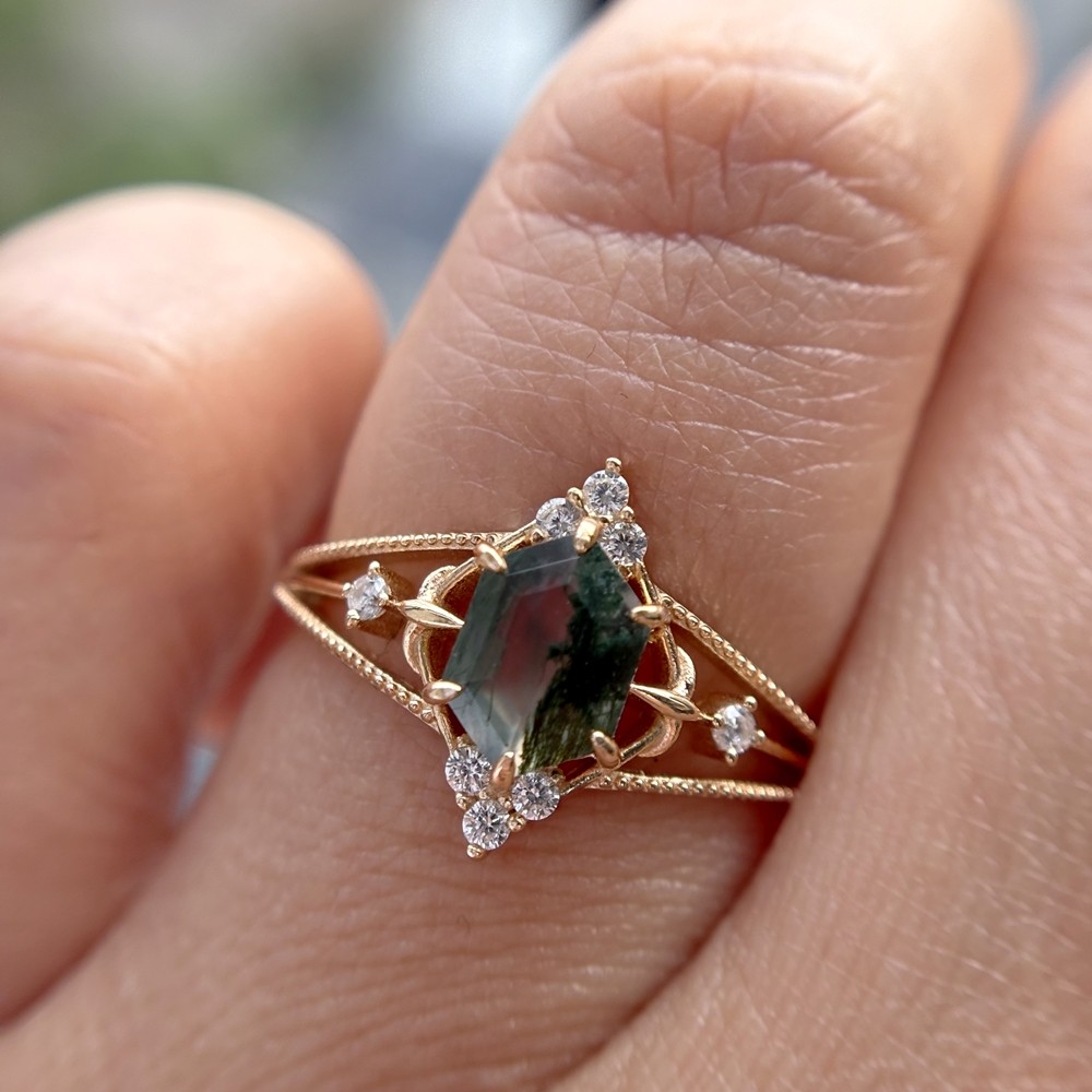 vtg Hexagon Kite Natural Moss Agate 925 Sterling Silver, Rose Gold Plated ring