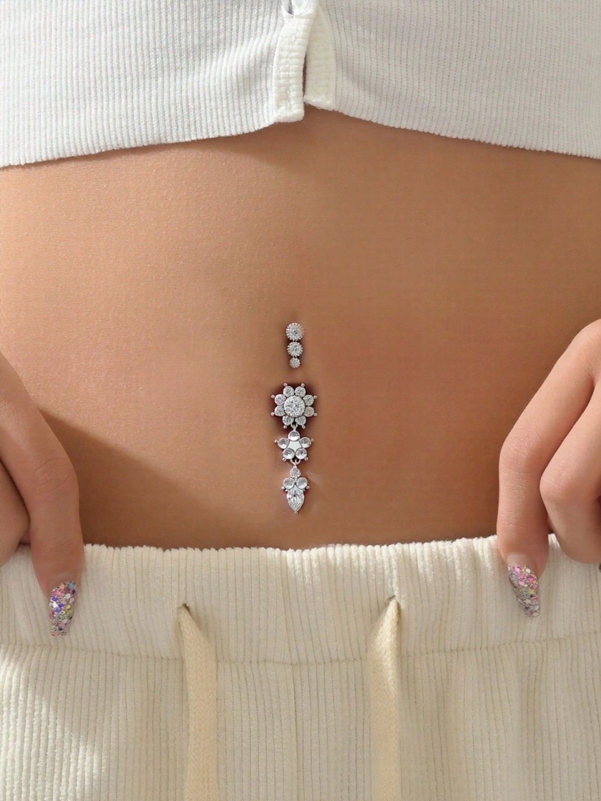 CZ Flower Dangle Belly Button Ring Navel Piercing Stainless Steel Women Jewelry