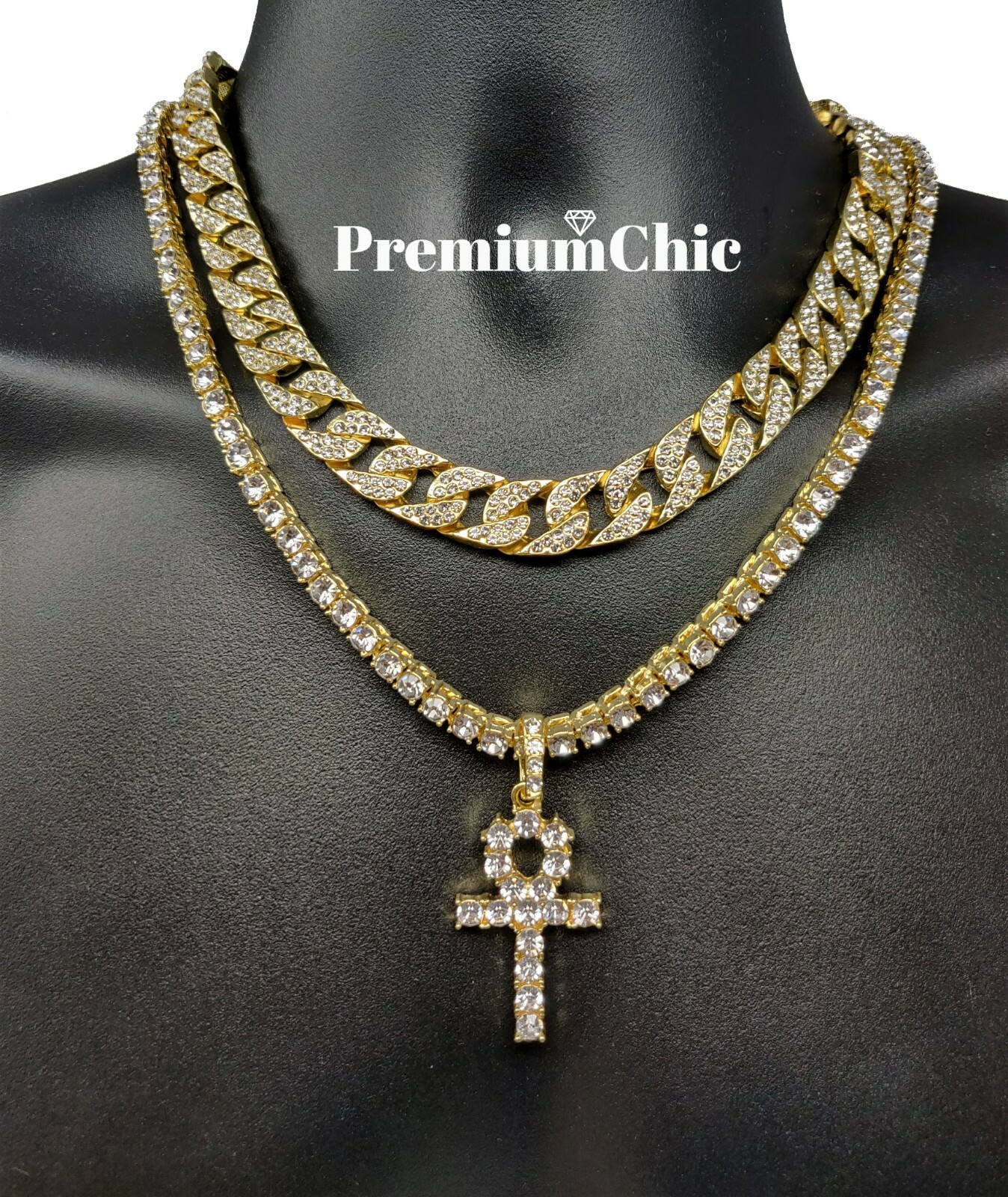 3pc, ANKH Pendant, Tennis Necklace, Miami Cuban Choker Plated CZ Jewelry SET