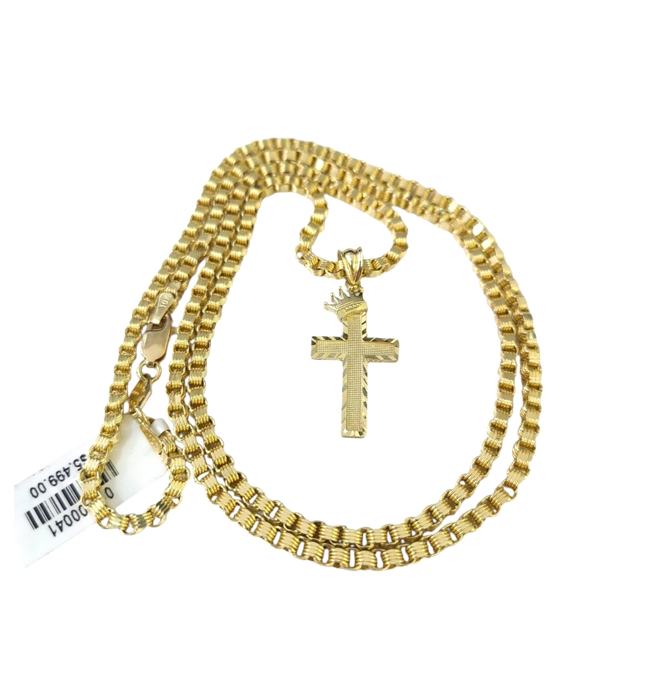 10K Gold 3mm Byzantine Chain Crown Cross Charm Pendant Set 18″-28″ Men Women