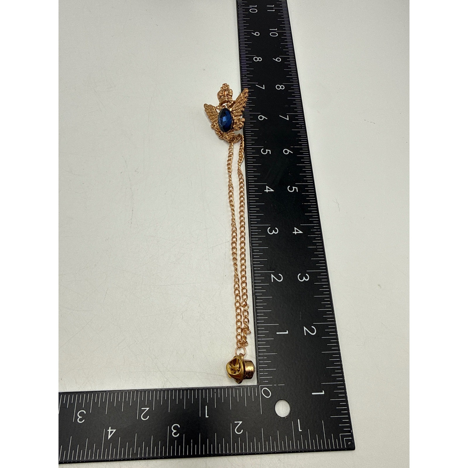 Gold Tone Double Headed Eagle Crown Lapel Pin Blue Stone Rhinestone Chain Brooch