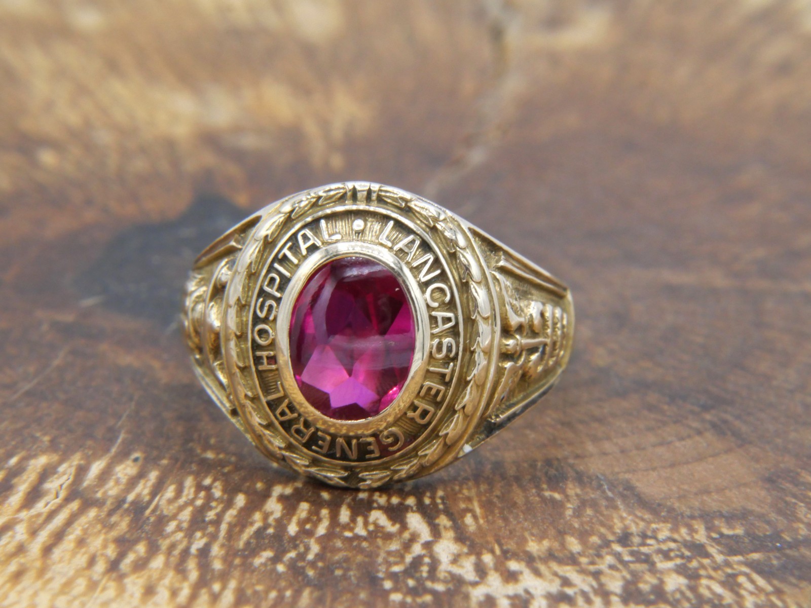 Antique 1931 10K Gold Lab Created Flame Fusion Ruby, Lancaster Hospital Ring