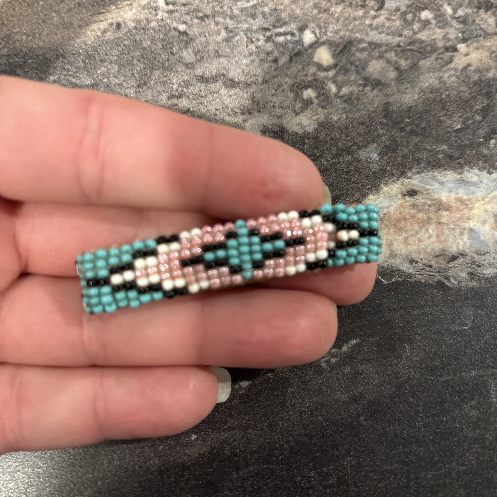 Vtg Native American Hand Beaded Barrette Hair Clip Leather Back Pink Blue