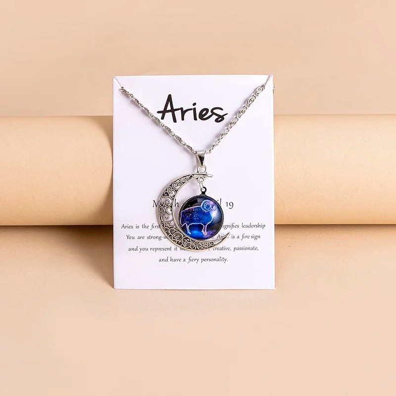 Moon Shaped Zodiac Sign Necklace Horoscope Astrological Pendant with 17″ Chain