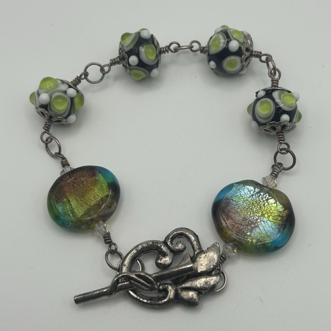 Vintage Artisan Iridescent Dichroic Glass & Bumpy Lampwork Bead Toggle Bracelet
