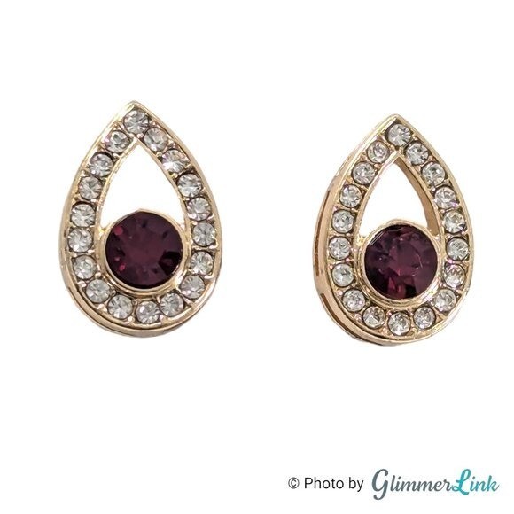 Liz Claiborne Gold Tone Teardrop Stud Earrings Red and Clear Rhinestones