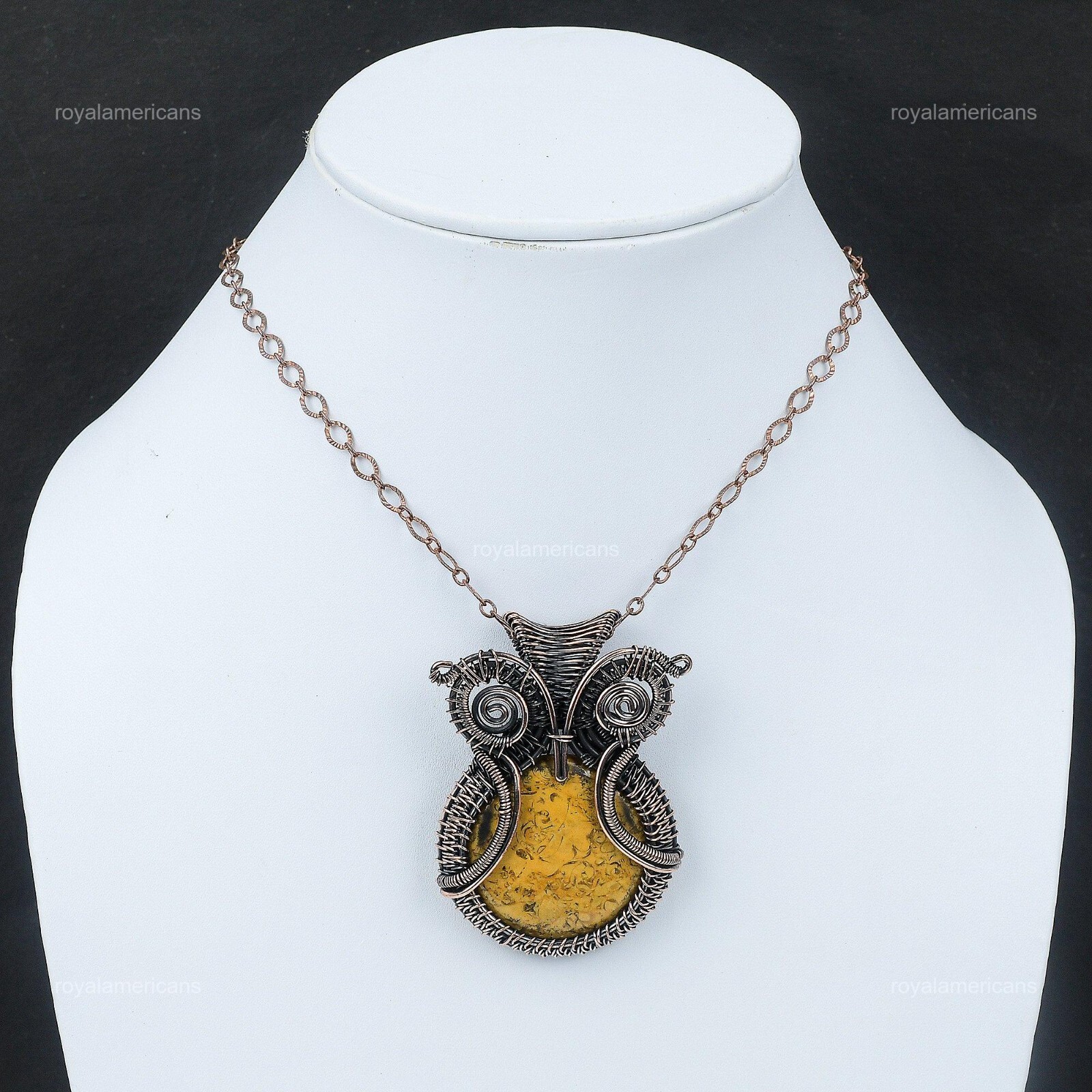 Petrified Wood Jasper Wire Wrapped Owl Pendant Handcrafted Copper Unique 2.48″