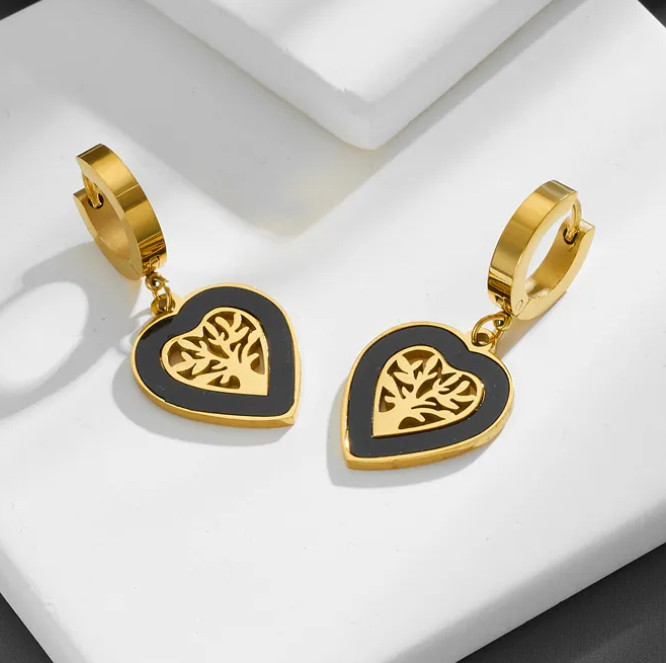 Earrings Heart Shape Life Tree Plating Inlay TitaniumSteel Shell 18K Gold Plated