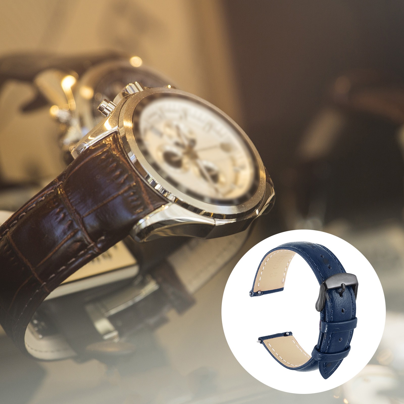 Leather Watch Band 0.79″ 20mm Top Grain Leather Watch Strap Black-Blue
