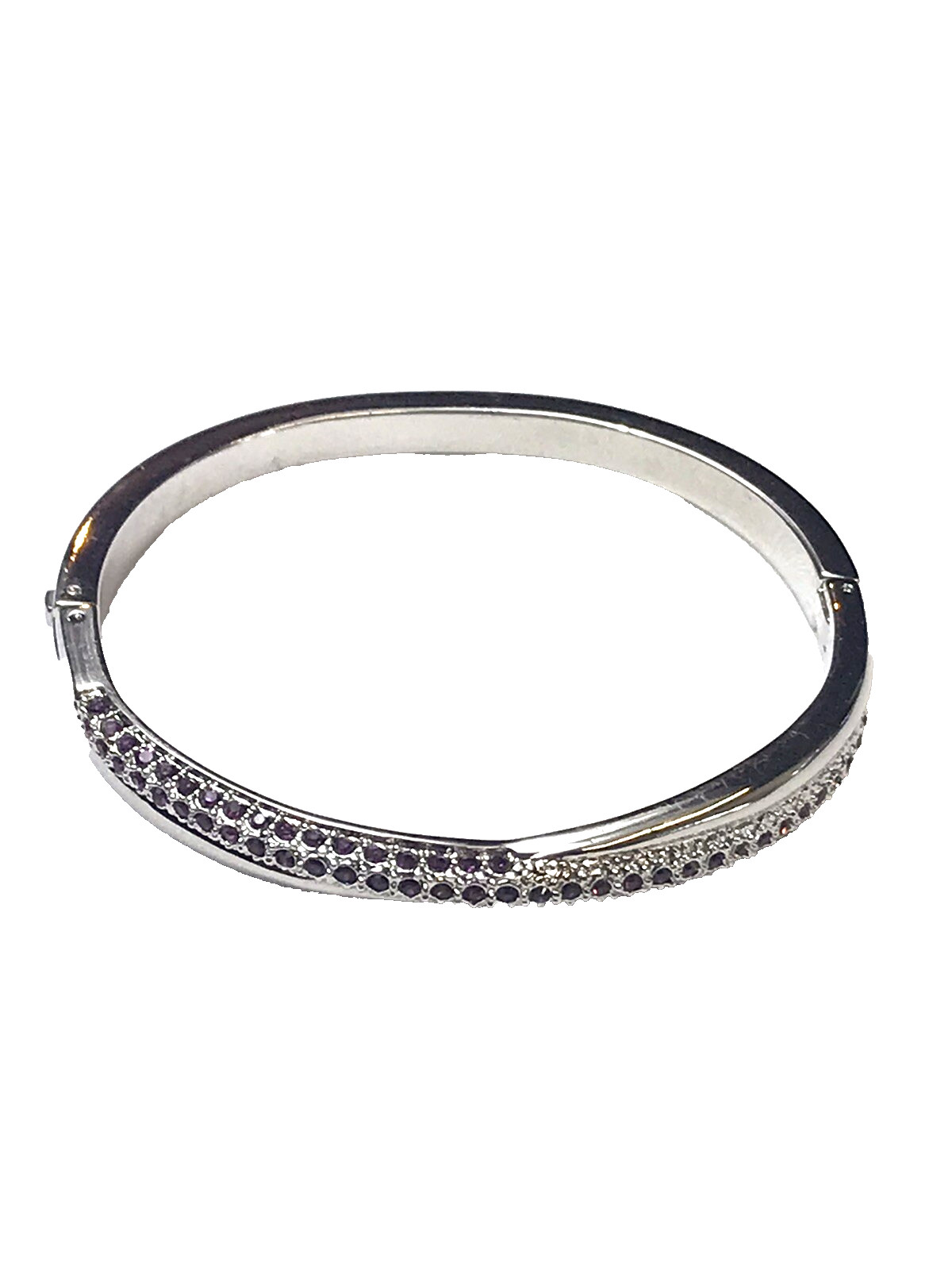 Silver Tone 1/2 Inch Wide Purple Crystal Rhinestone Hinged Bracelet 7 Inch