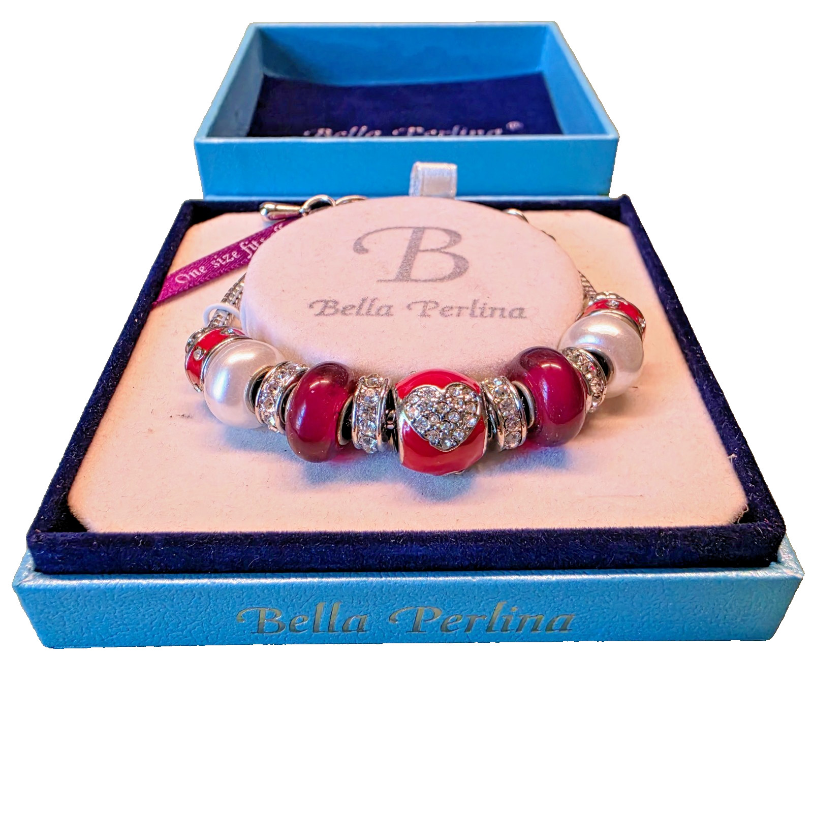 Bella Perlina Red Heart Charm Bracelet Rhinestone Glass Pearl Beads 15g OS Box