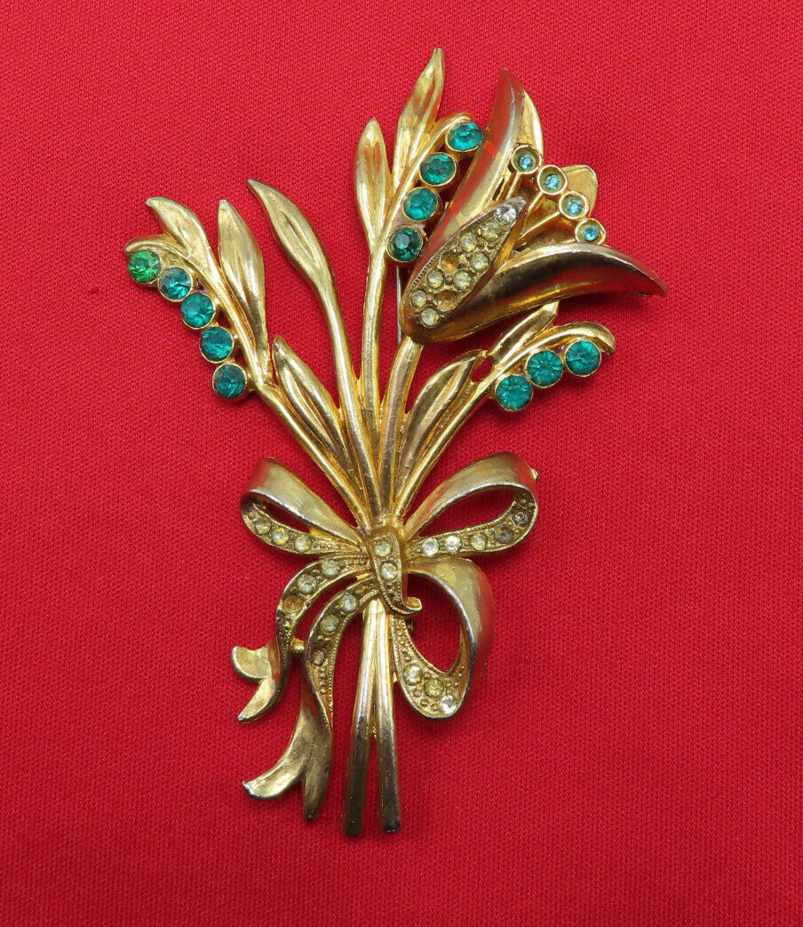 Antique Rhinestone Brooch Flower Clear Green Crystal 3.75 in OOAK Vintage 253f