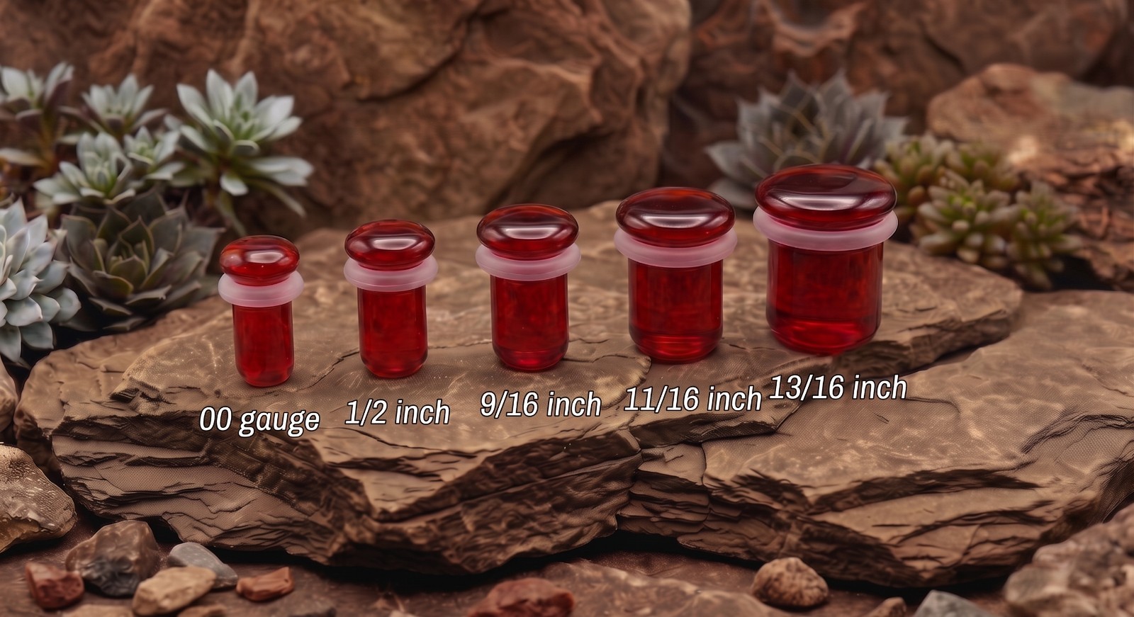 Pairs of Red Glass Single Flare Plugs with O Rings Sizes 8GA-13/16 Inch E610