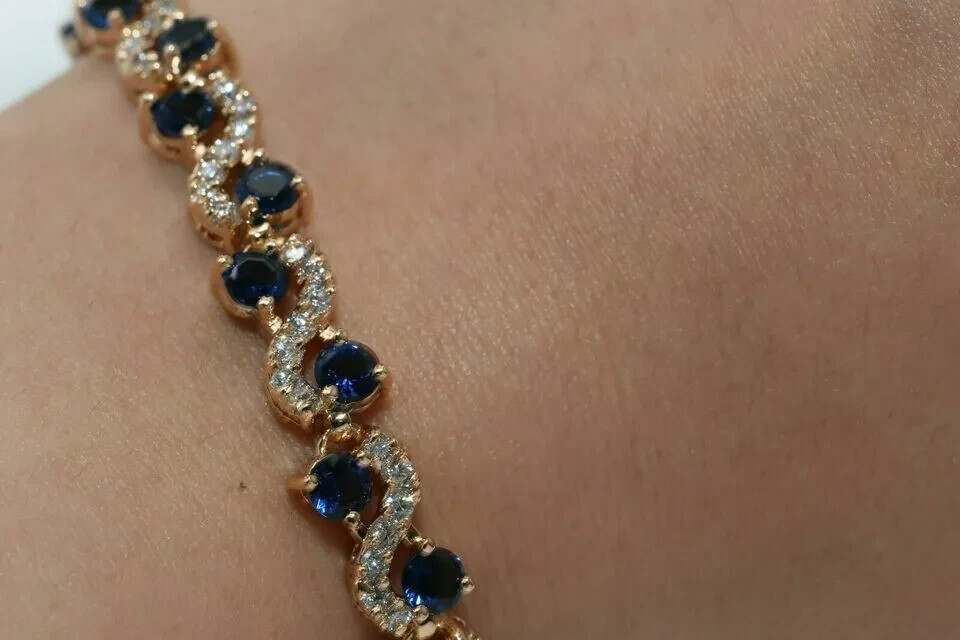 6Ct Round Cut Blue Sapphire Twisted Bracelet 14k Yellow Gold Finish Women 7.5″
