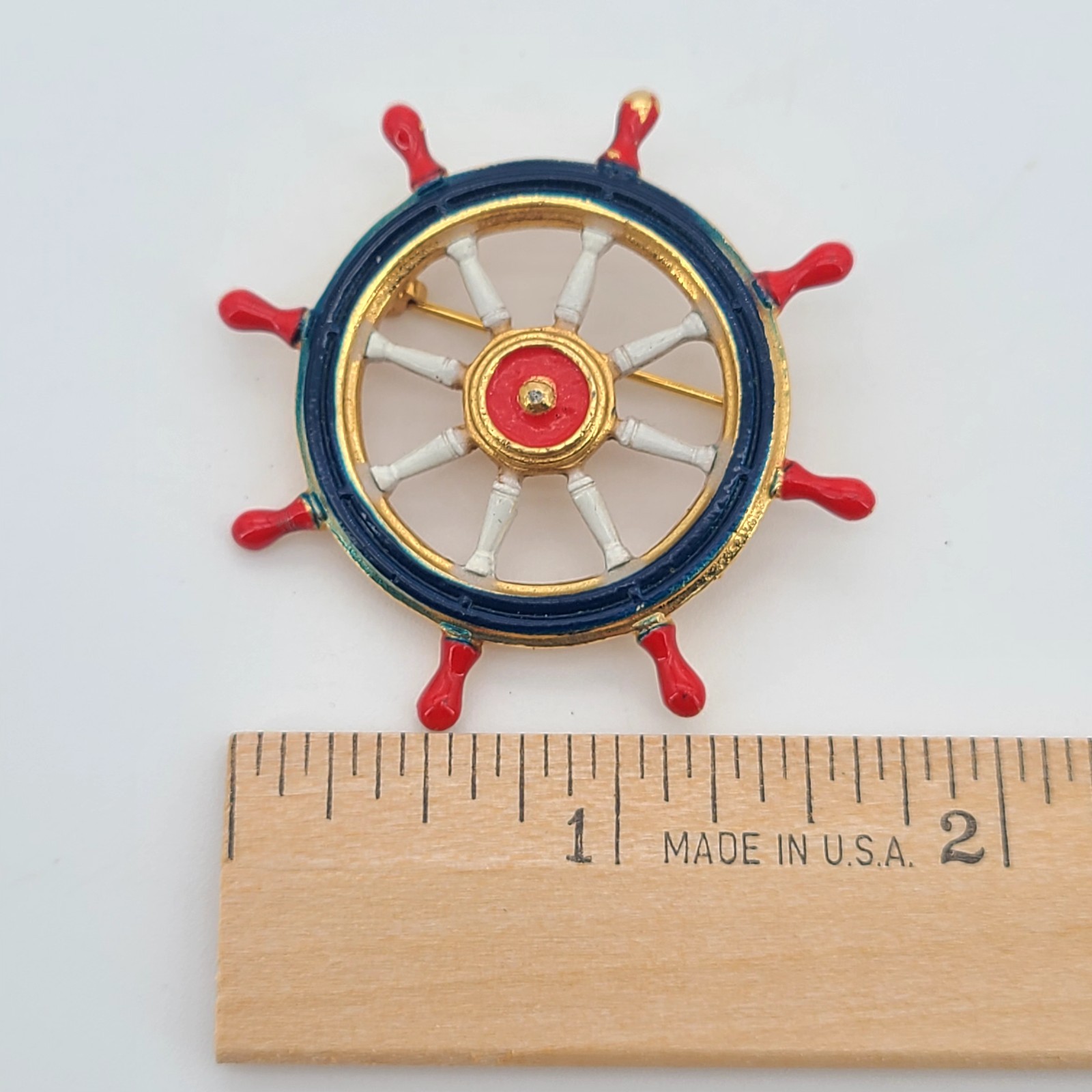 Vintage Nautical Ship Wheel Brooch Pin Enamel Gold Tone Maritime 2″ Americana
