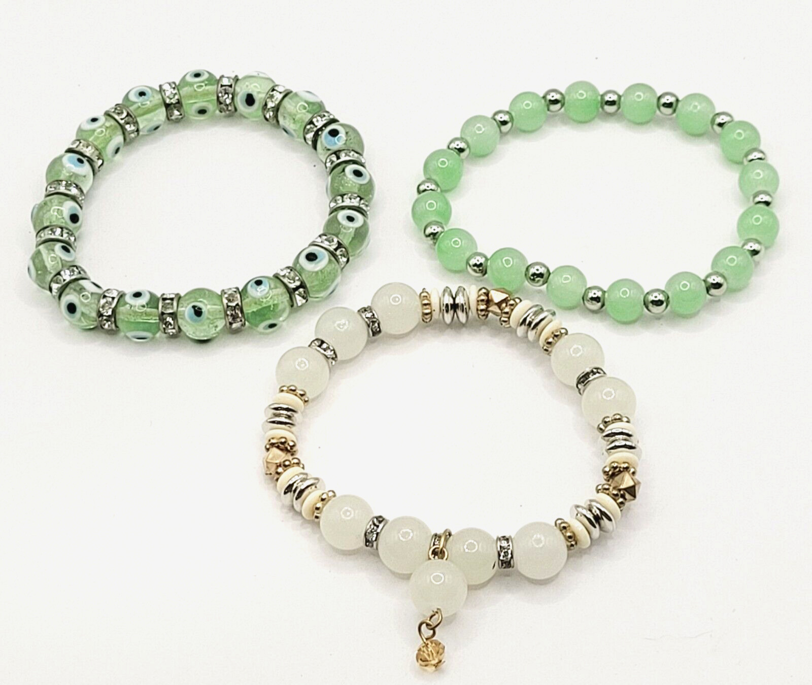 Modern Three Glass Bead w Rhinestone Jade Milky Glass Color Stretch Bracelet Set