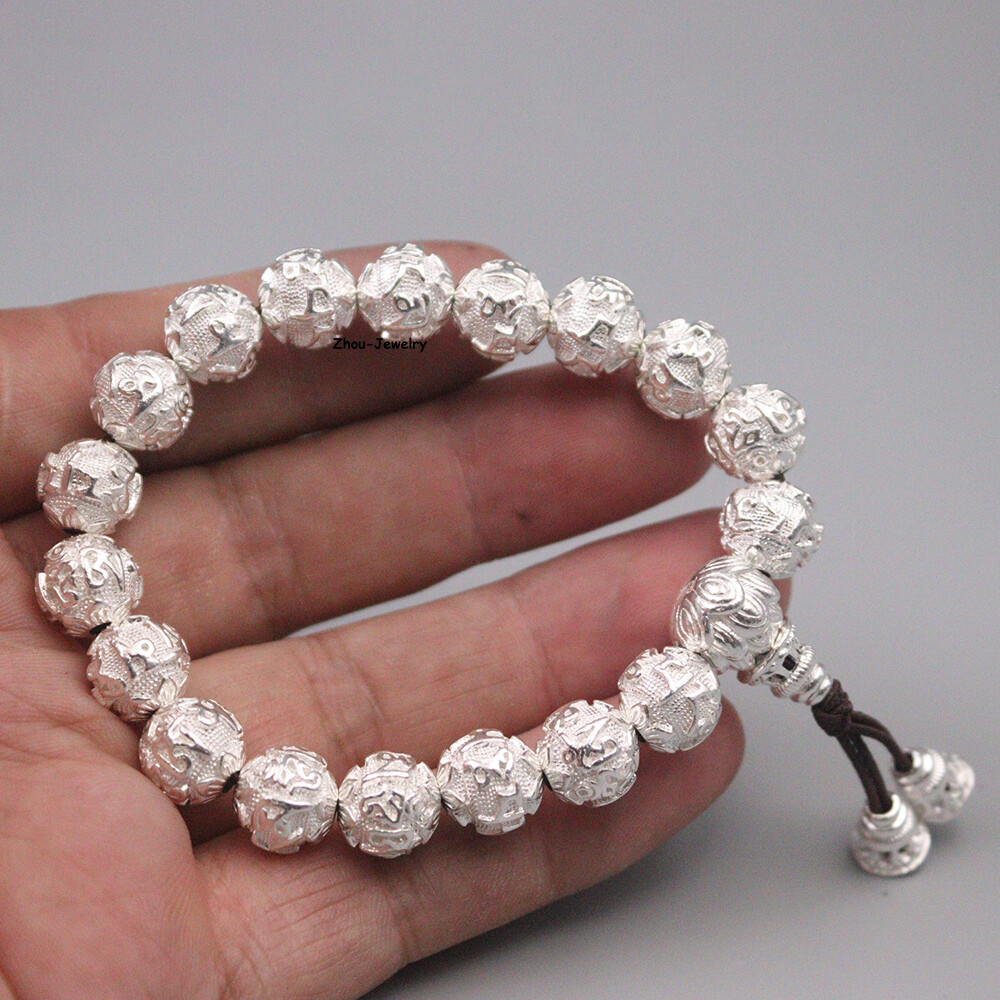 Pure S999 Fine Silver 999 Bangle 12mm Six Words Beads Link Bracelet 49-50g