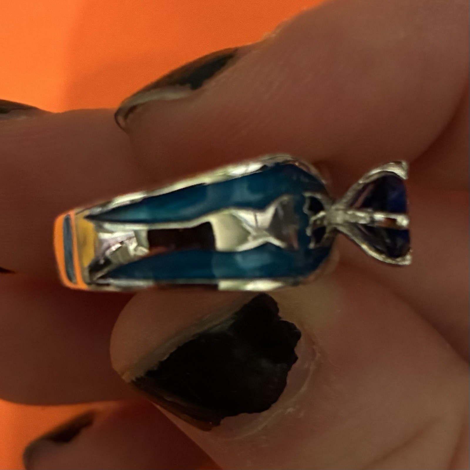 Halo Video Game Adjustable Bow Ring with Blue Round Stone on Silver-Tone Band