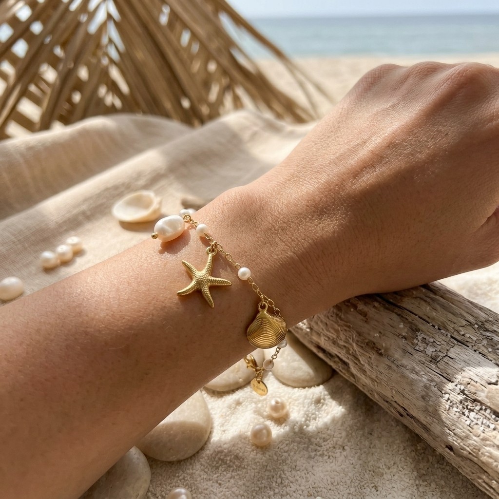 Ocean Starfish Shell Charm Bracelet Gold Tone Adjustable Beach Bracelet for Girl