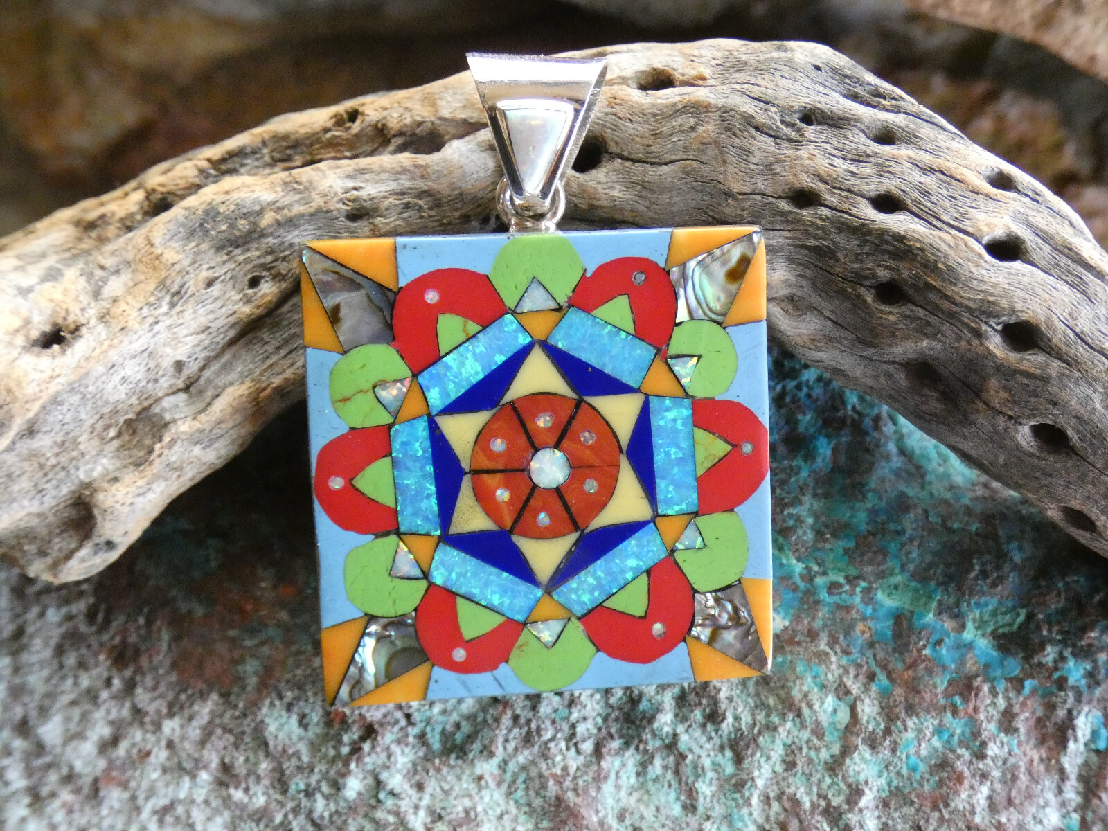 Flower Mosaic Micro Inlay Gemstone Fire Opal Sterling Silver 925 Pendant AG10