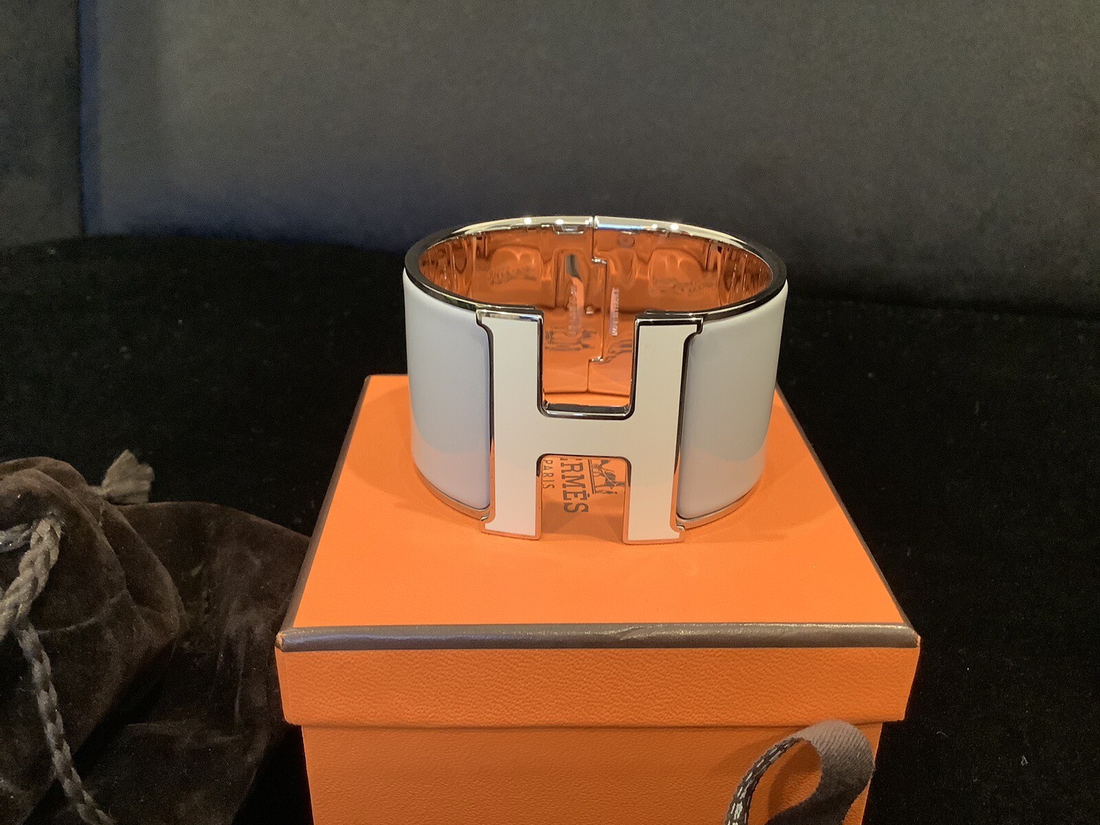 Hermes Gray White Pm Clic Clac H Bracelet Cuff New In Box