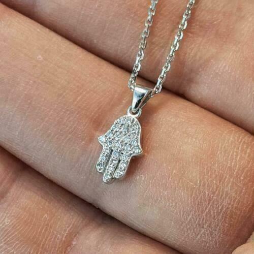 1Ct Round Lab-Created Diamond Hamsa Hand Pendant Charm White Gold Plated Silver