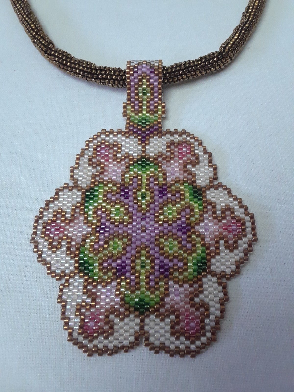Hand Beaded Artist Design Multi Colored 3″ Pendant 24 inch Gold Beaded Chain