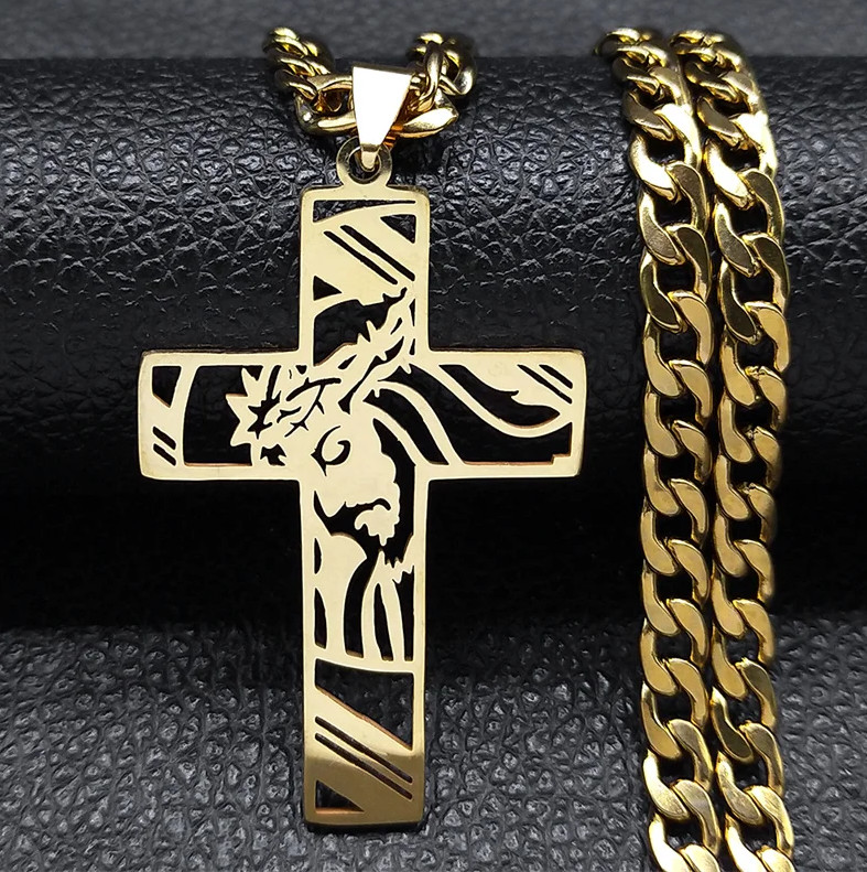 Cadena De Enlace Cubano Para Hombre Collar Con Colgante De Cruz Acero Inoxidable