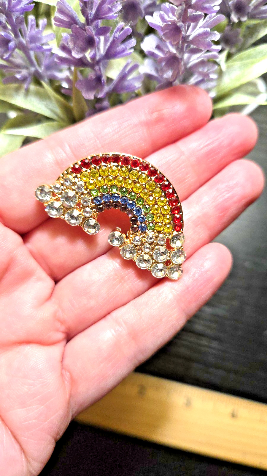 Rainbow Brooch Full Rainbow With Clouds Crystal Rhinestone Rainbow Pin
