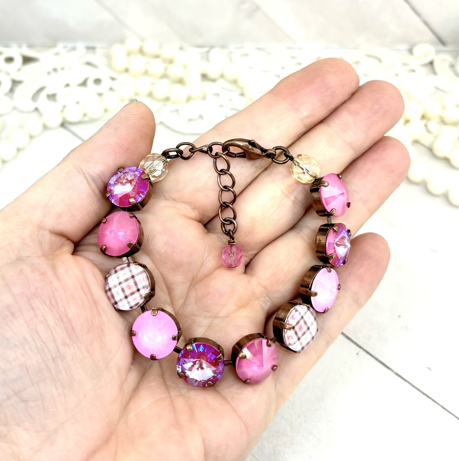 PINK Plaid Cup Chain Statement Bracelet made with Pink Austrian Crystals